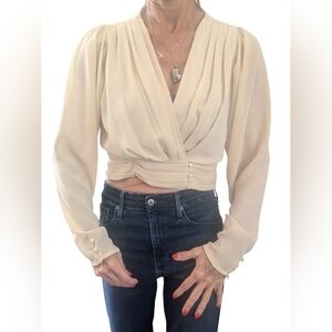HYFVE Cream Chiffon Wrap V-Neck Bishop Blouse Long Sleeve Crop Top Shirt Size S